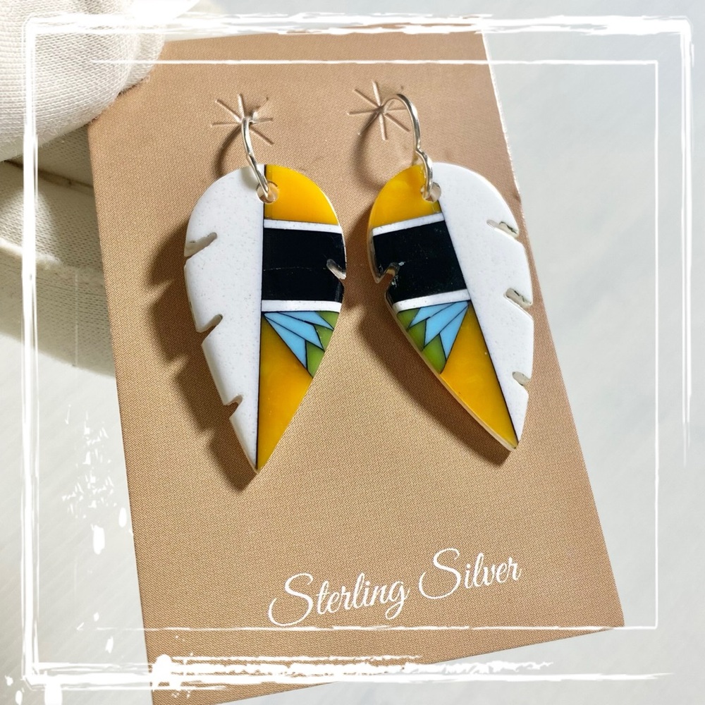 Gibbsite Multi Inlay Sterling Silver Feather Shape Dangle Earrings